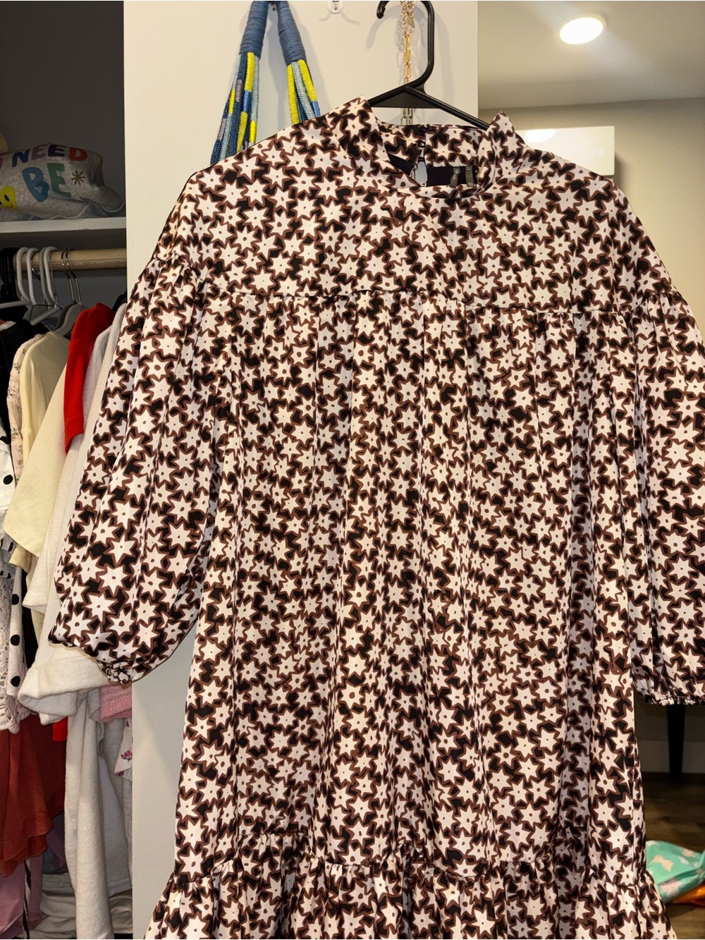 Anthropologie Brown and White Star-Print Mini Dress